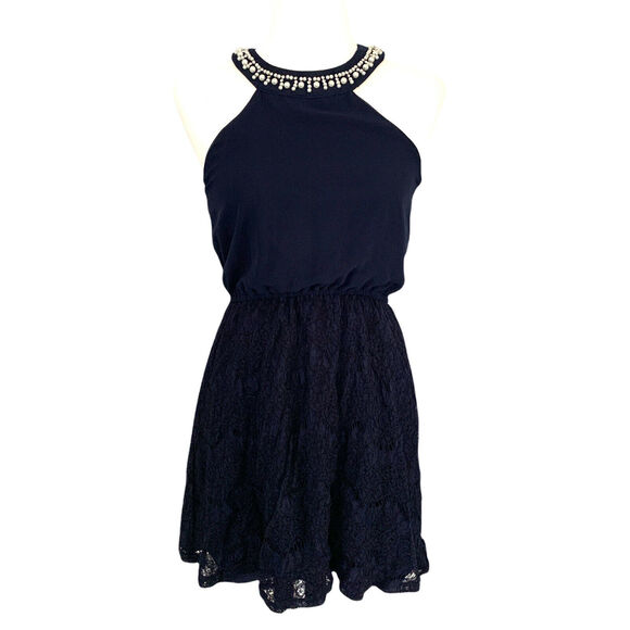 Blue Rain Womens Mini Dress Small Pearls Blue Beaded Lace Fit And Flare Halter - Picture 6 of 12